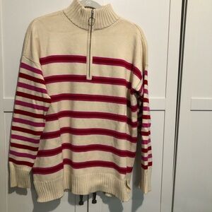 LOFT red and pink striped quarter zip sweater